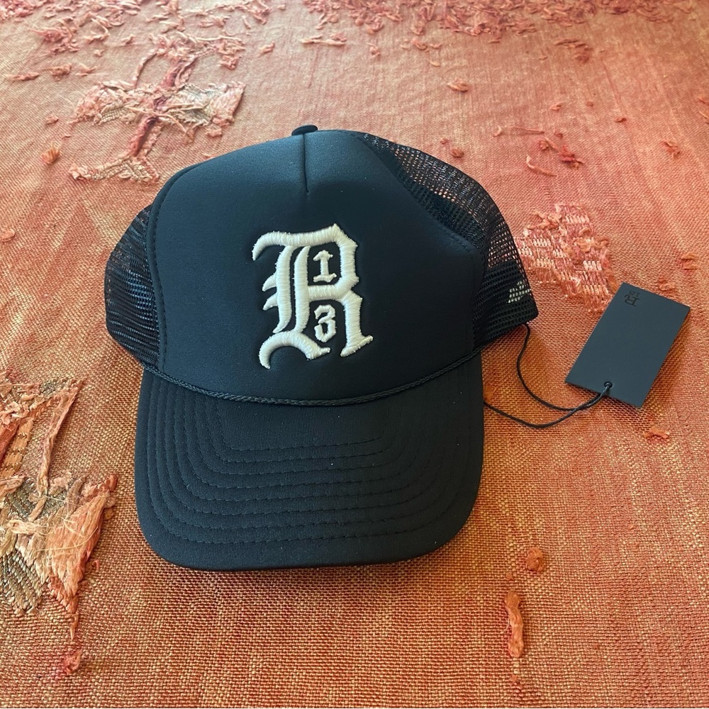 R13 black logo trucker hat